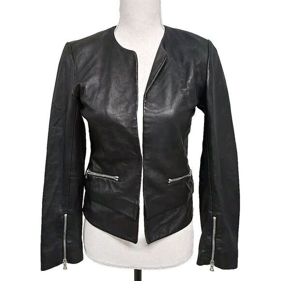 SANDRO PARIS Moto Jacket Lamb Leather Black Women’s Size 1 /US Size 4 SMALL - Picture 2 of 12